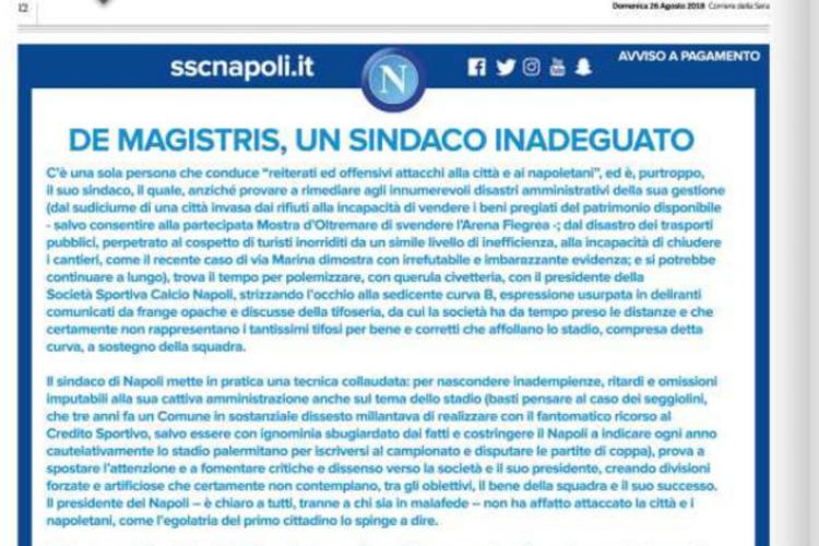 La pagina acquistata dal Napoli sul 'Corriere della Sera'