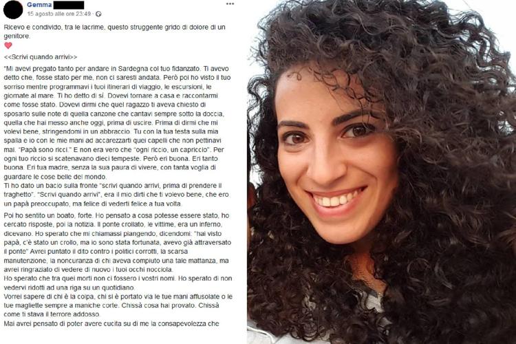 La finta lettera, virale sui social, e l'immagine di Marta Danisi, fra le vittime del crollo di ponte Morandi a Genova (Facebook /Marta Danisi)