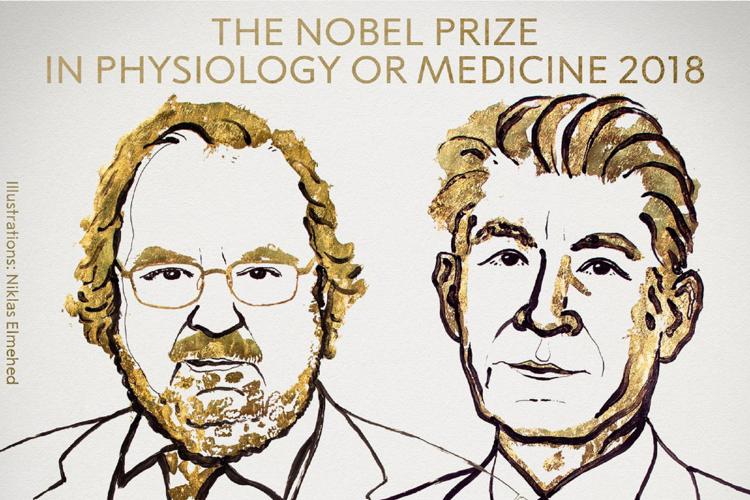 I due vincitori del premio Nobel 2018 per la Medicina, James P. Allison e a Tasuku Honjo, ritratti nel messaggio ufficiale pubblicato su Twitter dall'account del prestigioso riconoscimento (@NobelPrize /Twitter)