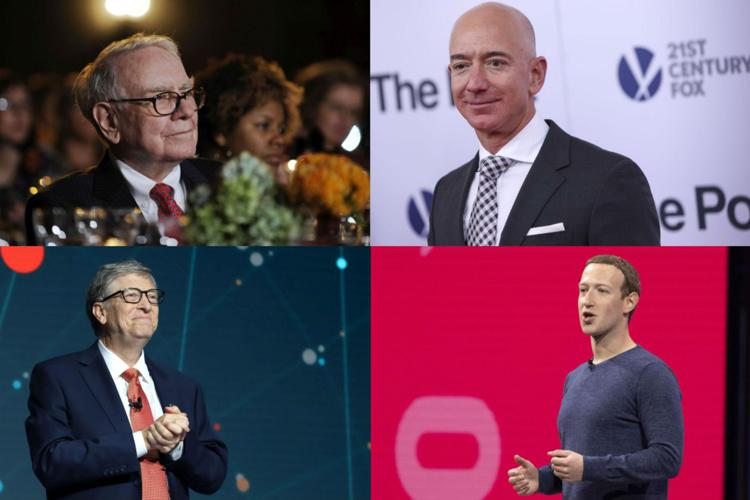 Dall'alto in senso orario Warren Buffett, Jeff Bezos, Mark Zuckerberg e Bill Gates (Ipa/Fotogramma)