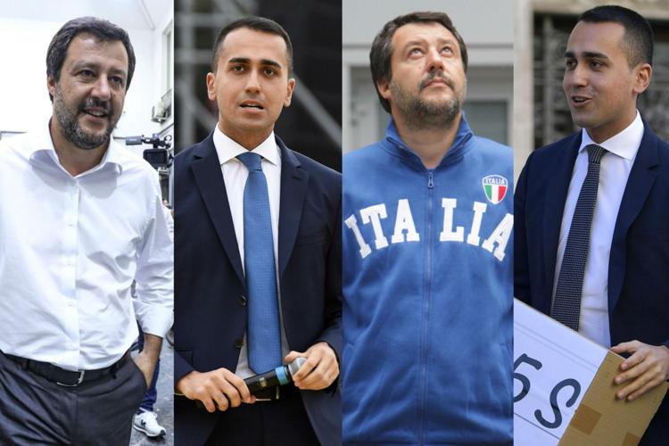 Alcuni look dei vicepremier. Da sinistra Salvini in camicia e pantalone grigio, Di Maio in completo e cravatta, ancora Salvini con una delle sue felpe e  Di Maio in cravatta slim e completo scuro (Fotogramma)
