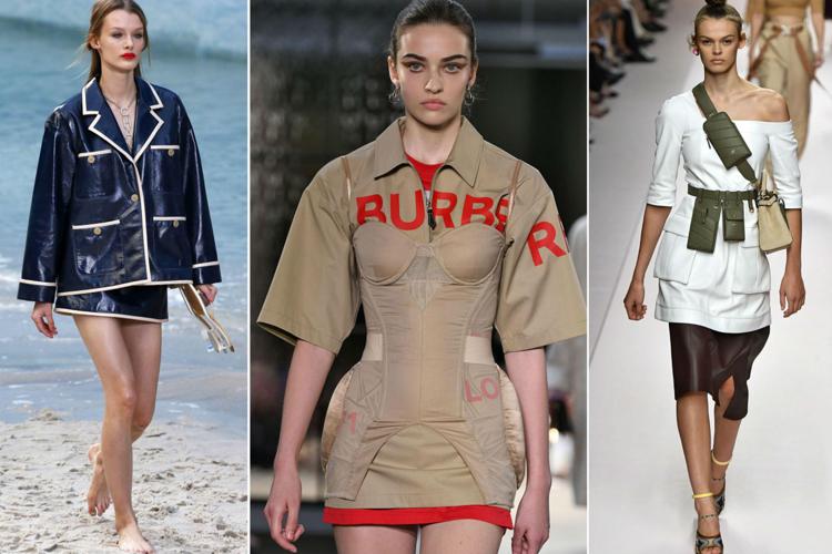 Alcune delle tendenze sulle quali puntare per i saldi estivi. Da sinistra il vinile da Chanel, la lingerie a vista di Burberry e le borsette portate in coppia da Fendi (Fotogramma/Ipa)
