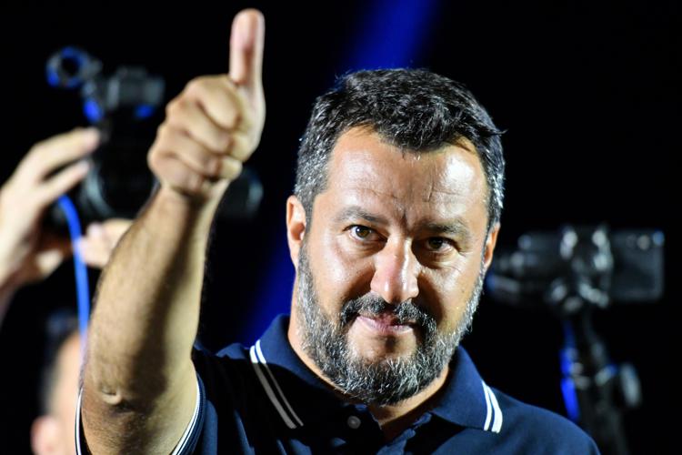 Far-right Interior Minister Matteo Salvini gestures during his electoral tour on August 9, 2019 in Mola di Bari, south of Italy. - Salvini pulled his support for Italy's governing coalition on August 8, 2019, and called for snap elections, prompting the country's premier to demand that he 