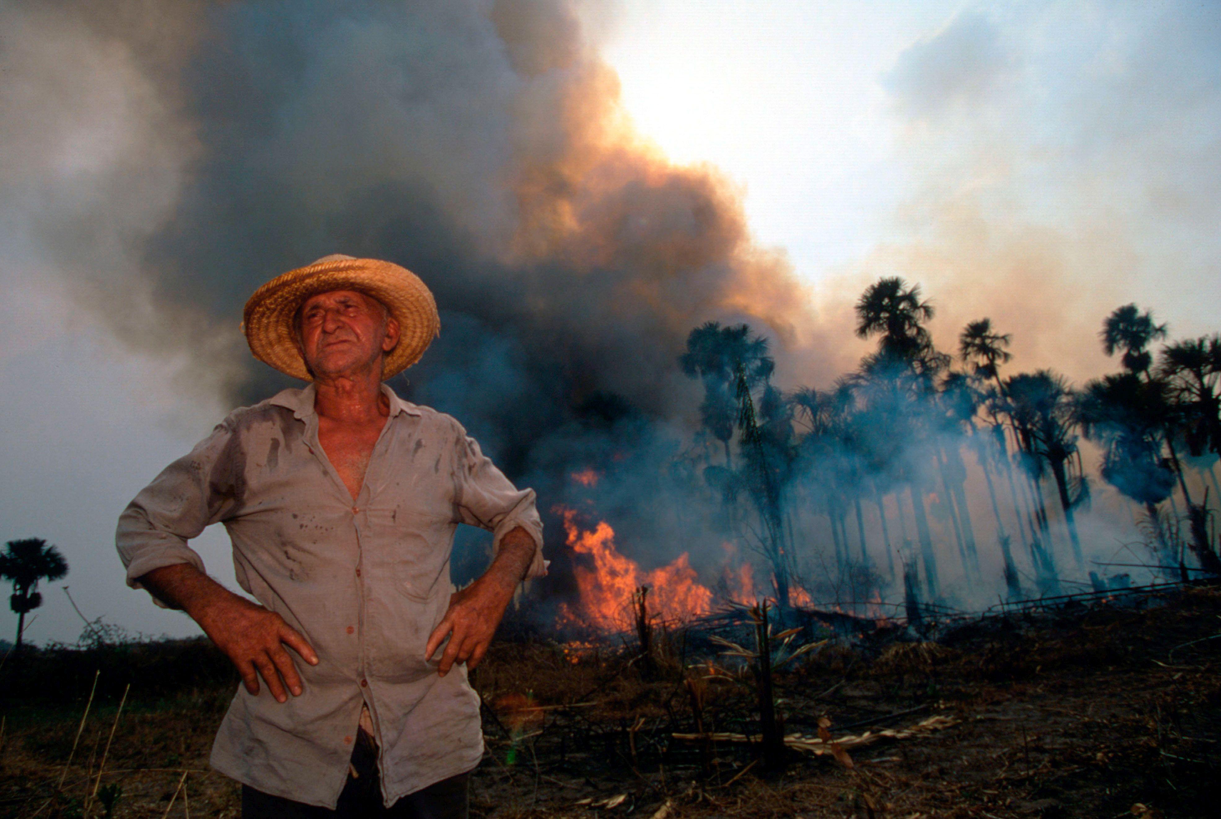 El Nino. Forest Fires. Tropical rainforest. The Amazon, Brazil, Roraima, south of Boa Vista. Peasant farmer sets alight to his plantation at the height of the drought and fears for forest fires. He claimed to know nothing of the predicament, but makes good use of climate conditions. March 1998