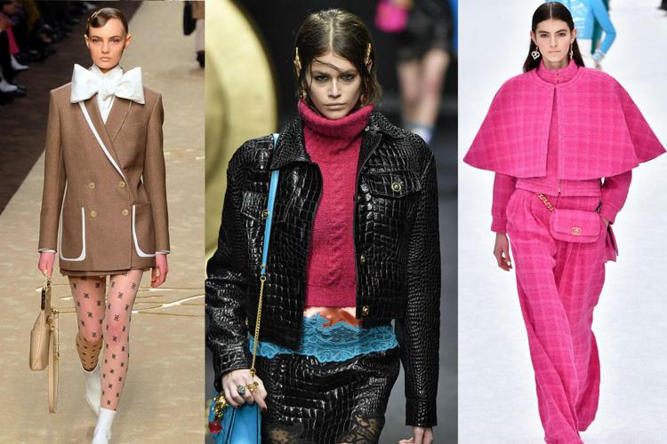 Alcuni dei look per l'autunno-inverno 2019-2020. Da sinistra i fiocchi di Fendi, la vernice Versace e il total look neon Chanel (Fotogramma/Ipa)