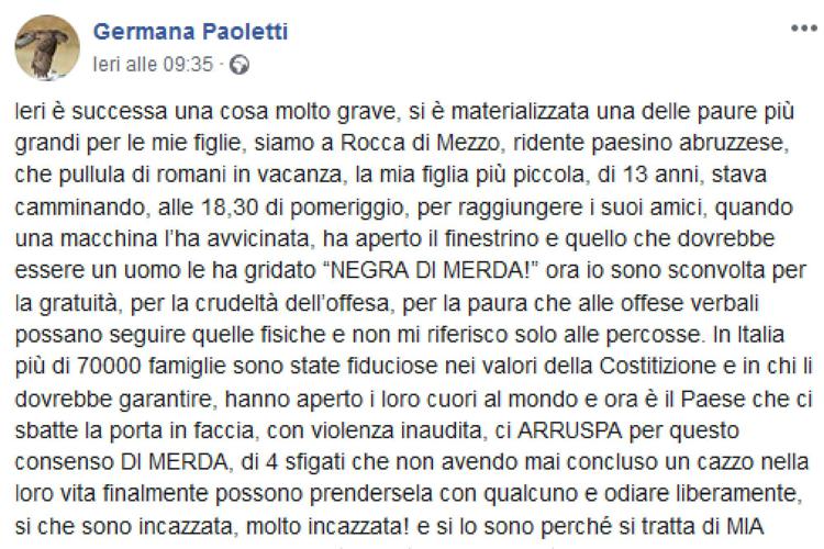 Il post di Germana Paoletti su Facebook