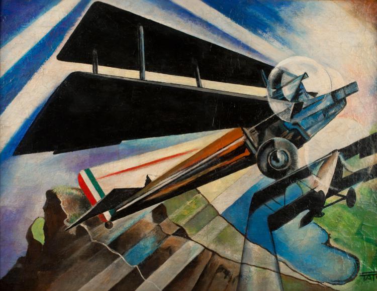Una delle opere pittoriche in mostra a Palazzo Valdina a Roma, omaggio a 'Tato Futurista. Inventore dell'Aeropittura'.