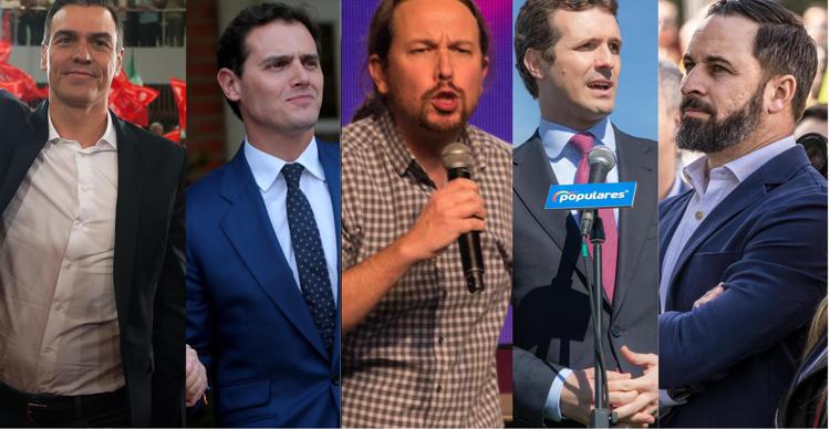 Da sinistra Pedro Sanchez, Albert Rivera, Pablo Iglesias,  Pablo Casado e Santiago Abascal (Foto Fotogramma/Ipa)