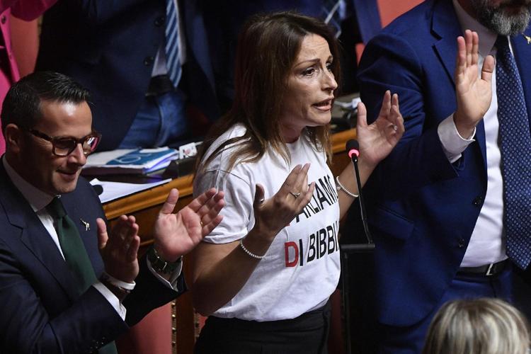 Lucia Borgonzoni indossa la maglia con la scritta 'Parliamo di Bibbiano' durante la seduta al Senato per la fiducia al governo Conte (Fotogramma)