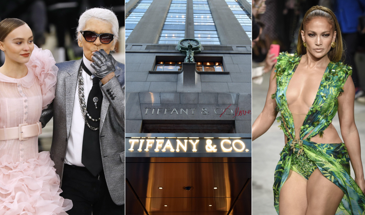Alcuni degli eventi moda che hanno segnato il 2019. Da sinistra la morte di Karl Lagerfeld, Lvmh acquista Tiffany, J.Lo chiude lo show di Versace con il mitico 'jungle dress' (Fotogramma) 