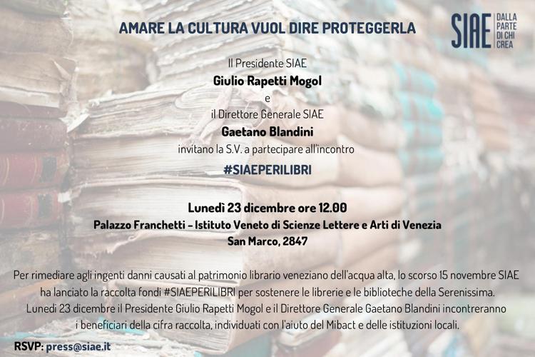 Venezia, il 23 dicembre Siae consegna fondi raccolta '#Siaeperilibri'