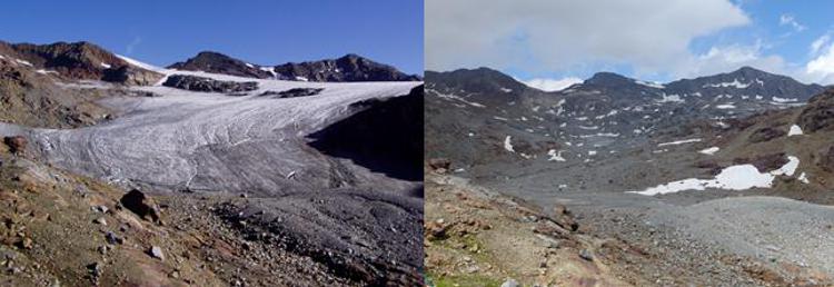 Careser Glacier (Ortles-Cevedale, Alpi Retiche) il 25 luglio 2003 (a sinistra) e l'11 agosto 2019 (a destra); foto di Luca Carturan (Università di Padova).