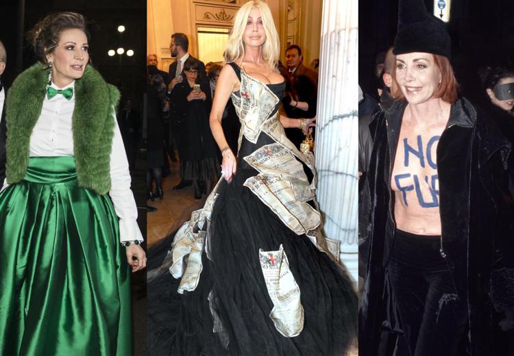 Alcuni dei look indimenticabili sfoggiati alla Scala per la prima. Da sinistra Daniela Santanché nel 2015, Sylvia Mantella in Dolce&Gabbana nel 2018 e Marina Ripa di Meana nel 1998 (Fotogramma) 