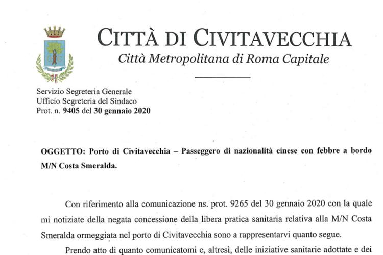 (La lettera del sindaco di Civitavecchia /Adnkronos)
