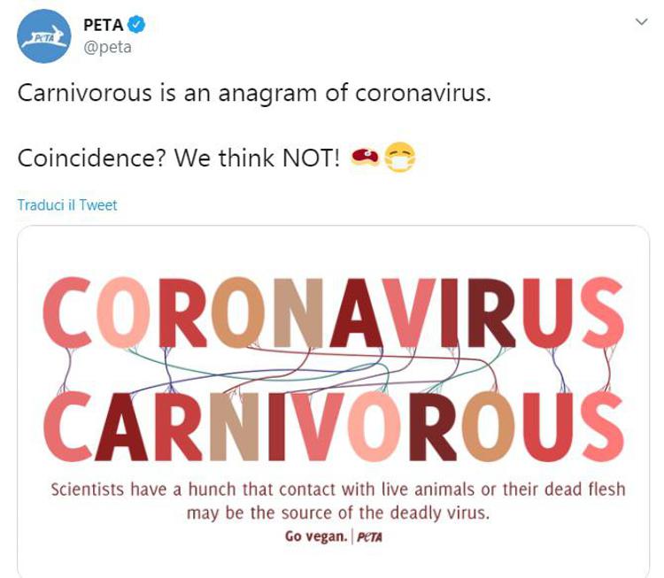 Coronavirus, per animalisti è anagramma di 'carnivoro'