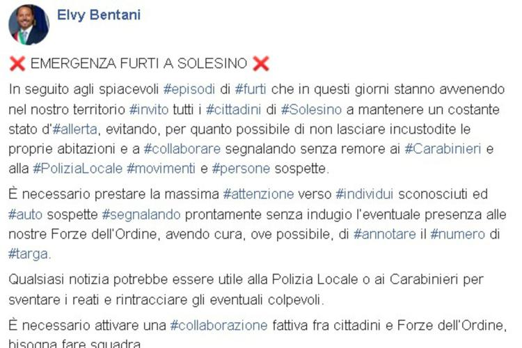 Foto del post dalla pagina Fb del sindaco di Solesino Elvy Bentani