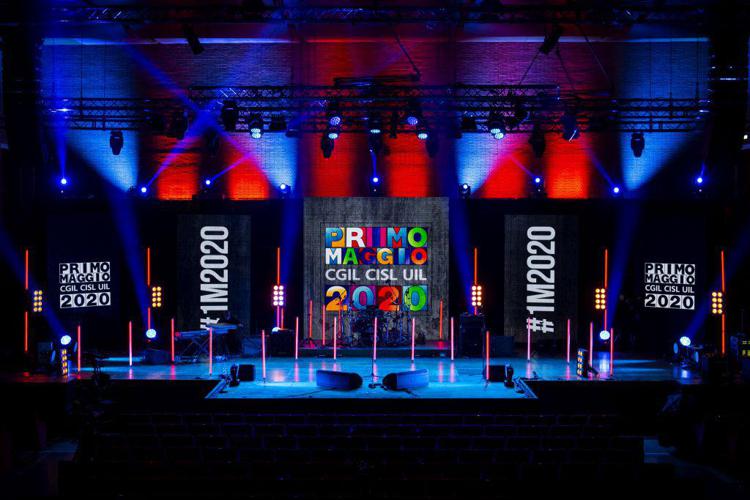 Il palco del Primo Maggio 2020, allestito nella Sala Sinopoli dell'Auditorium Parco della Musica
