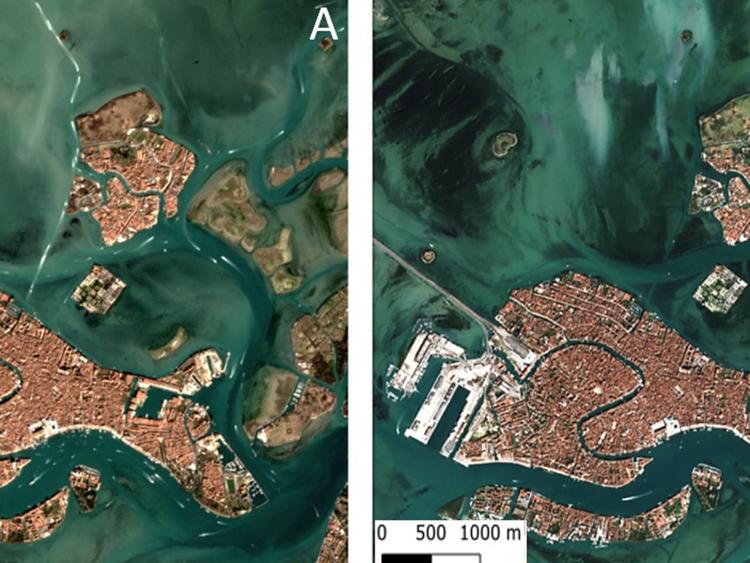 Immagini a colori reali del centro storico di Venezia e i canali adiacenti nei giorni 20 febbraio (A) e 19 marzo 2020 (B) (Credits progetto Copernicus)