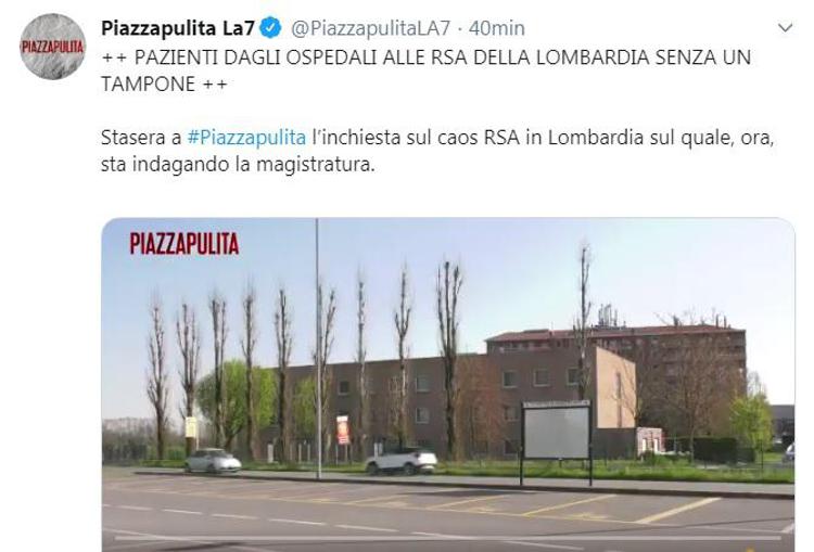 Piazzapulita: pazienti da ospedali a Rsa Lombardia senza tamponi