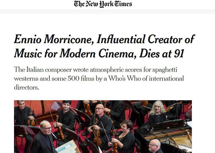 La notizia della morte di Morricone sull New York Times