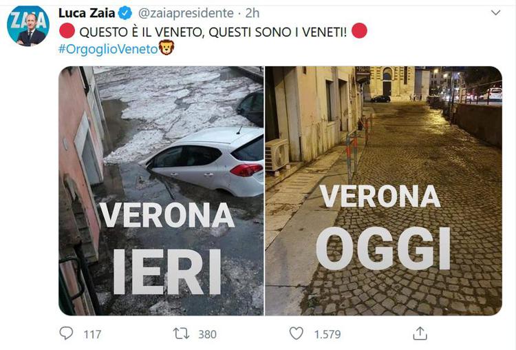 Veneto: Zaia posta foto Verona a 24 ore dal nubifragio, 'Questo sono i veneti'
