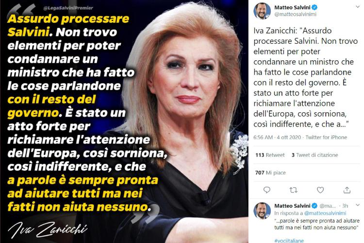 Gregoretti, Salvini e il tweet con la difesa di Iva Zanicchi