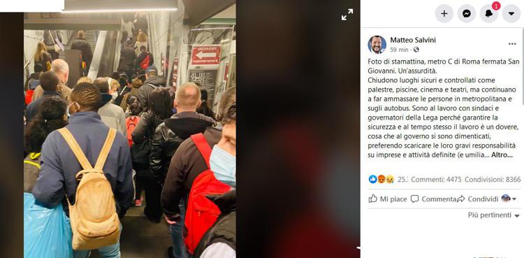 Salvini posta foto metro Roma: 