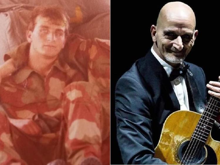 Roberto Pambianchi, sulla sinistra quando   stava nell'esercito, a destra durante un concerto nello scatto di Claudio Ranalli