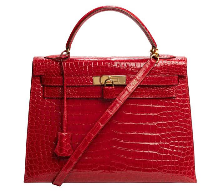 Rarissima borsa Kelly 32 di Hermès in pelle di coccodrillo rossa.