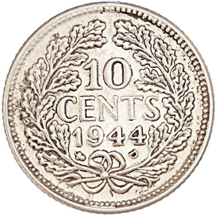 Un esemplare, dei soli 20 rimasti, di una moneta del valore di 10 cent coniata nel 1944, e raffigurante la Regina Wilhelmina dei Paesi Bassi.
