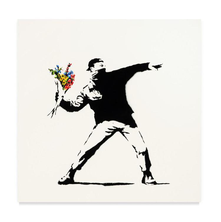Love is in the Air di Banksy aggiudicato per 13 milioni di dollari nella prima asta anche in criptovalute