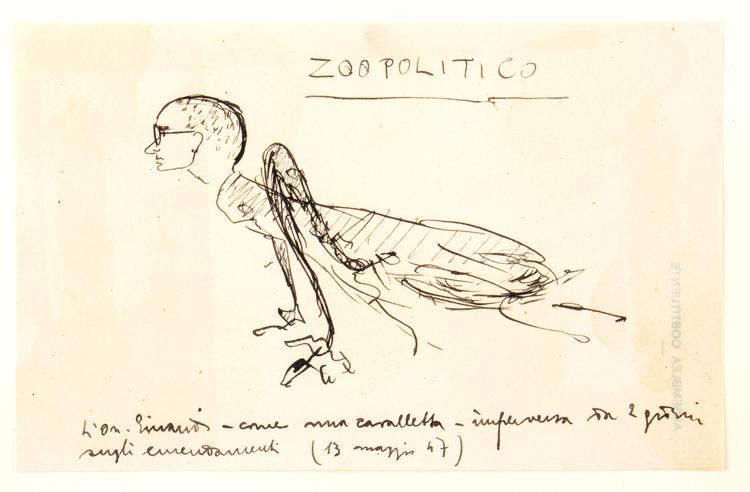 Luigi Einaudi in un disegno di Amintore Fanfani 'rappresentato' come una cavalletta