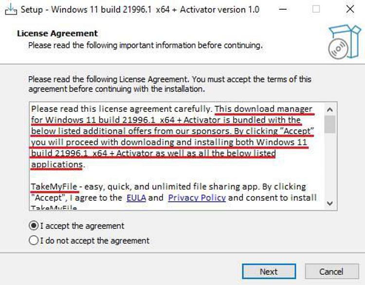 Kaspersky - Esempio di finto Windows 11 installer