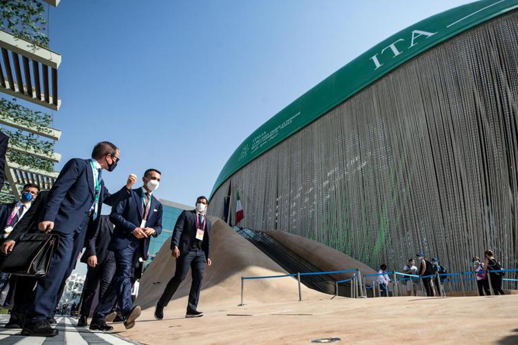 Luigi Di Maio (C) at the Italian Pavilion at Expo  2020 Dubai