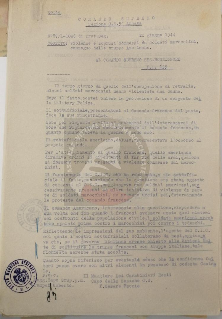 Il documento del 1944 scoperto da Ciotti