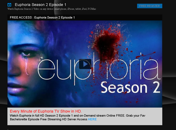 Kaspersky - Esempio di una pagina che promette di vedere gratuitamente i nuovi episodi di Euphoria in HD