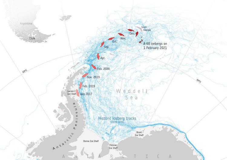 Antartide, il lungo viaggio dell'iceberg gigante A-68 (Foto ESA) 