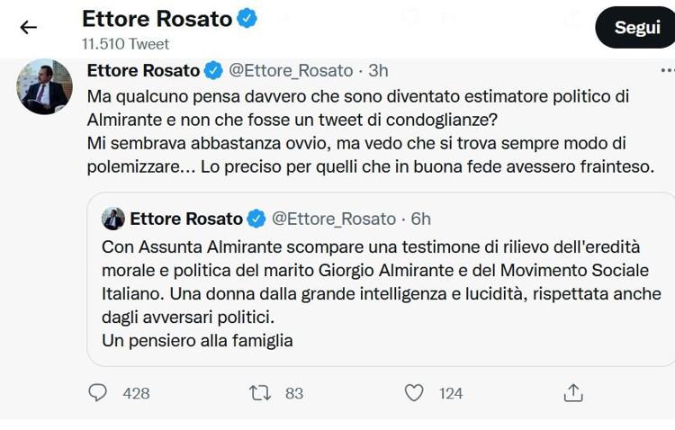Morte Assunta Almirante, bufera social su tweet Rosato