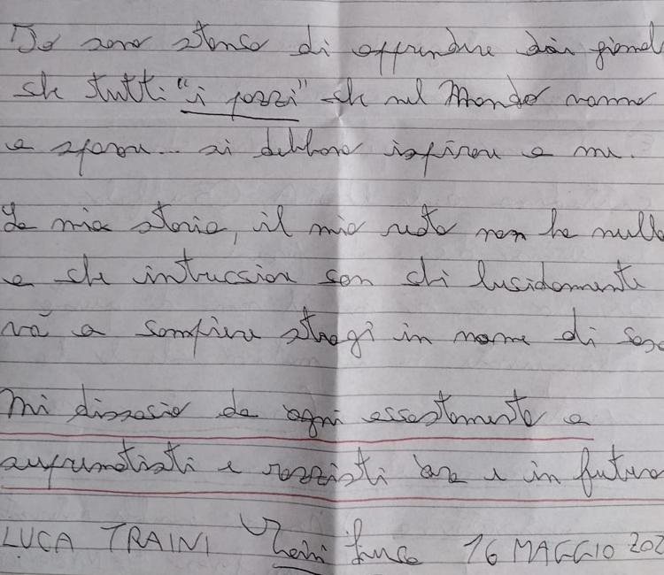 Uno stralcio della  lettera scritta da Traini all'Adnkronos