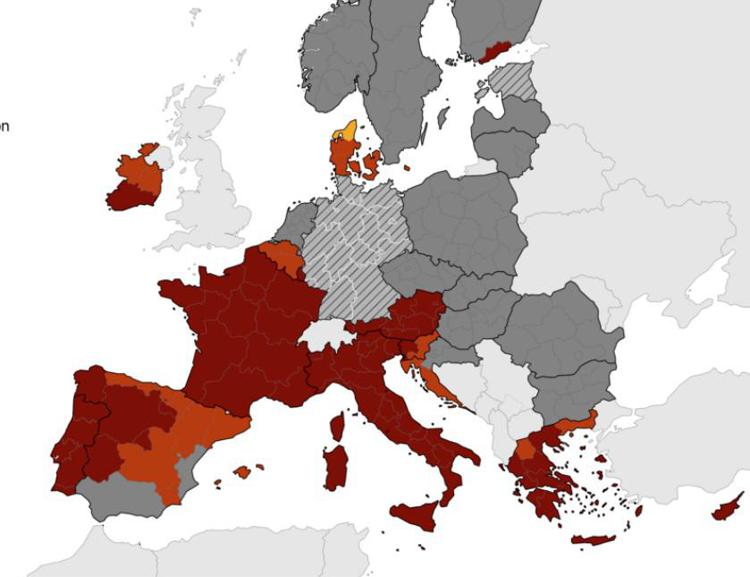 Covid, tutta Italia torna in rosso scuro nella mappa dell'Ecdc
