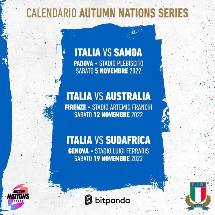 Autumn Nations Series di Rugby, Italia contro Samoa, Australia e Sudafrica