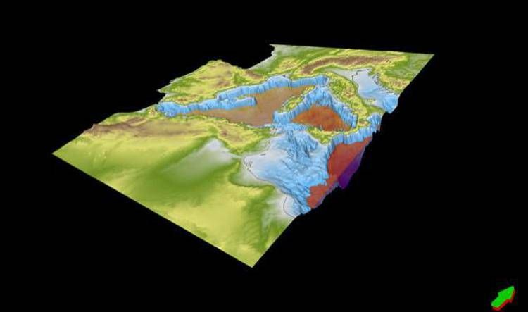 Immagine dell'anomala distribuzione del campo di stabilità degli idrati del metano nel Mediterraneo. - Credit: Cristina Corradin, Università di Trieste e Istituto Nazionale di Oceanografia e di Geofisica Sperimentale - OGS