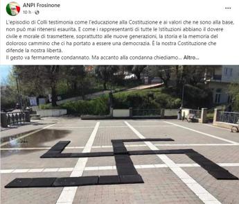 Frosinone, huge swastika in the square in Colli with playground mats