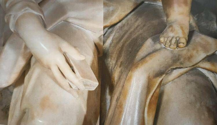 Un particolare della statua dopo il restauro e prima