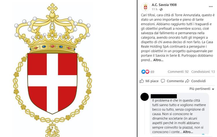 Il post pubblicato sull'account Facebook del Savoia Calcio