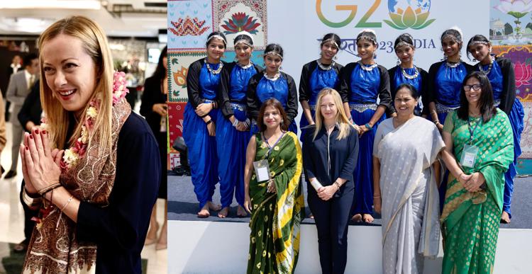 La presidente del Consiglio Giorgia Meloni accolta al suo arrivo in India per il G20