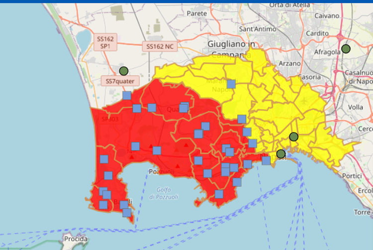 La mappa della Protezione civile per i Campi Flegrei, suddivisa in zona rossa e gialla