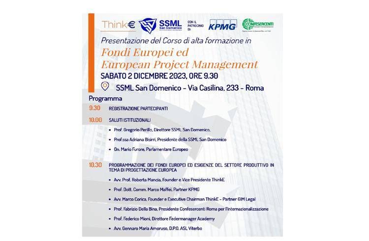 Ue, 'Fondi europei ed European Project Management', il 2 dicembre presentazione del corso di alta formazione