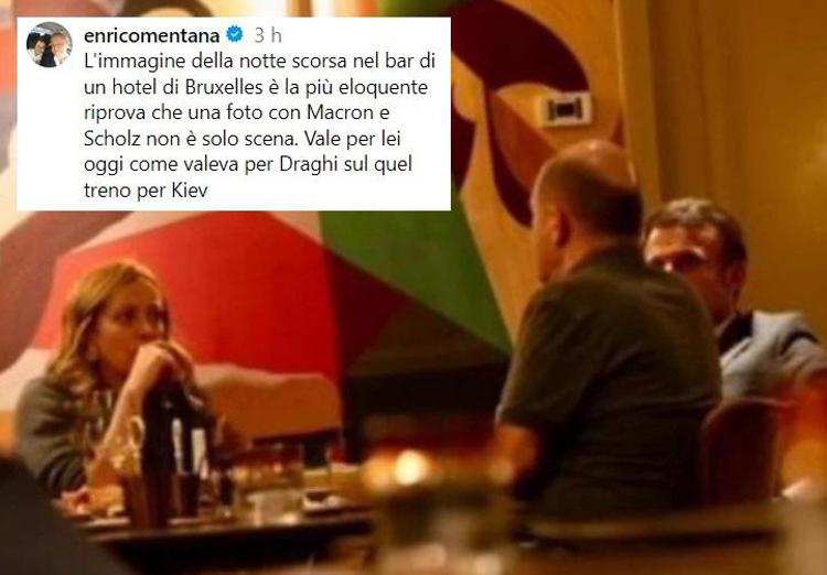 Il post di Enrico Mentana con l'immagine di Meloni, Scholz e Macron nel bar di un hotel di Bruxelles alla vigilia del Consiglio Ue - Enrico Mentana /Instagram