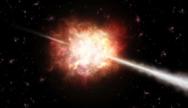 Immagine artistica di un lampo di raggi gamma (GRB). (Crediti: ESO/A. Roquette)